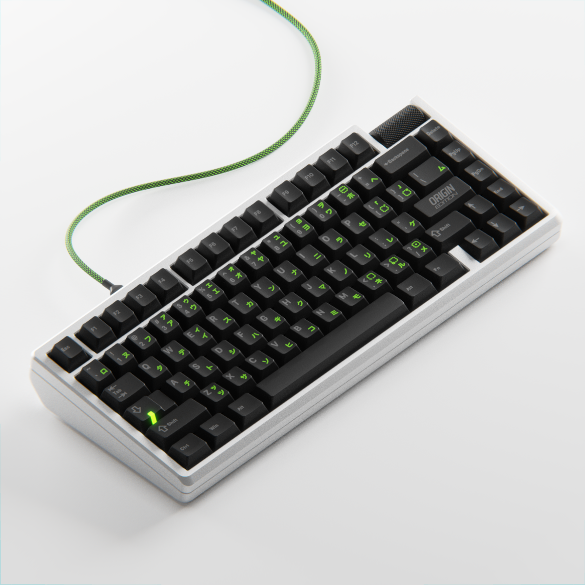 Mechanical keyboard with green backlit keys on a white background