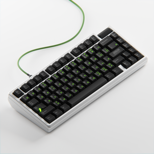 Mechanical keyboard with green backlit keys on a white background