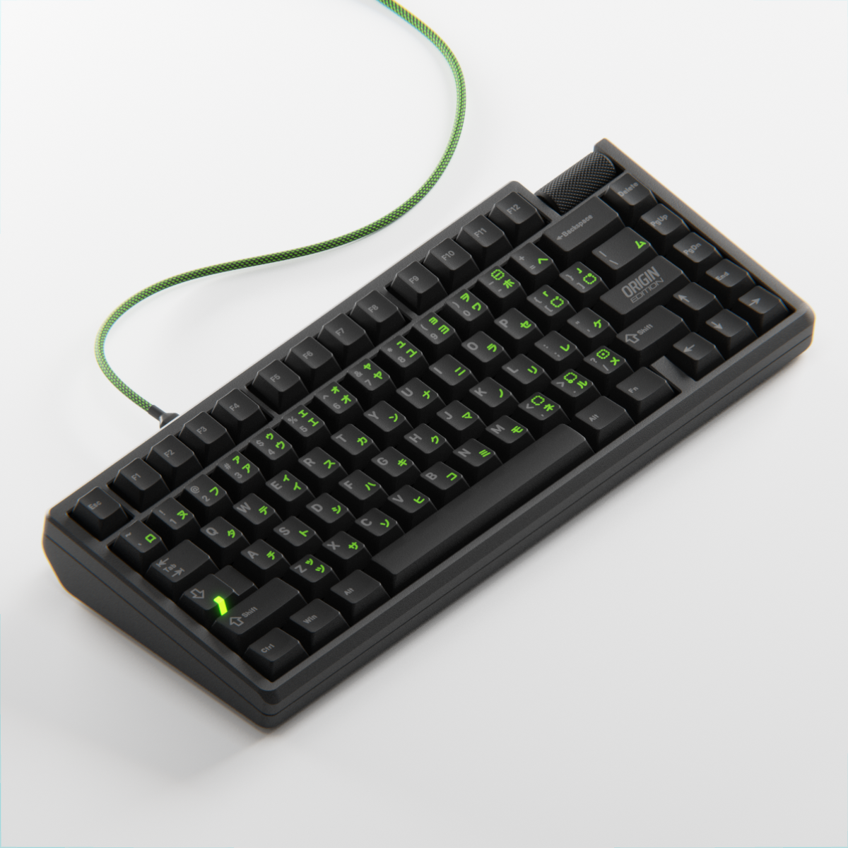 Black keyboard with green backlighting on a white background