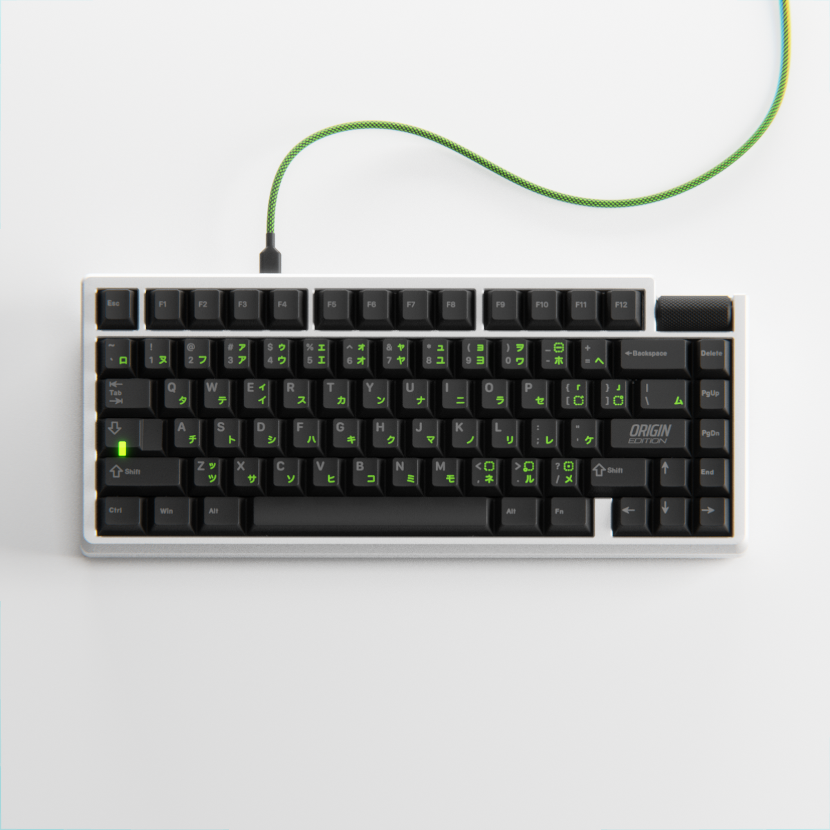 Mechanical keyboard with green backlit keys on a white background