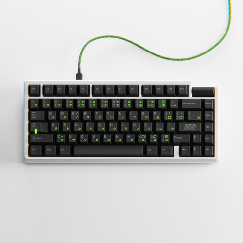 Mechanical keyboard with green backlit keys on a white background